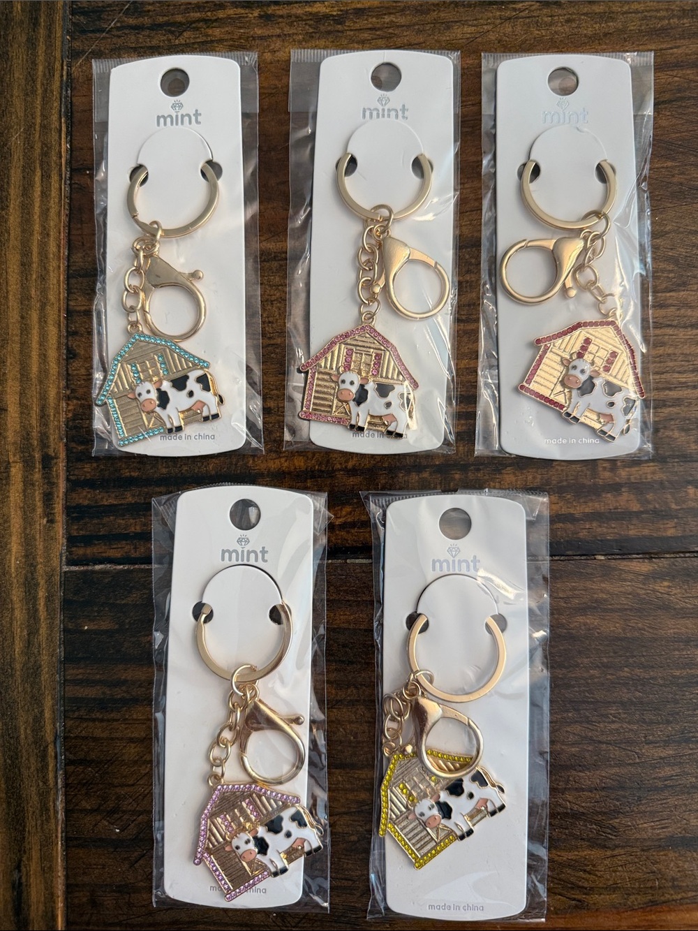 Adorable Mint Gold-tone Blingy Cow & Barn Keychains (Various Colors Available)